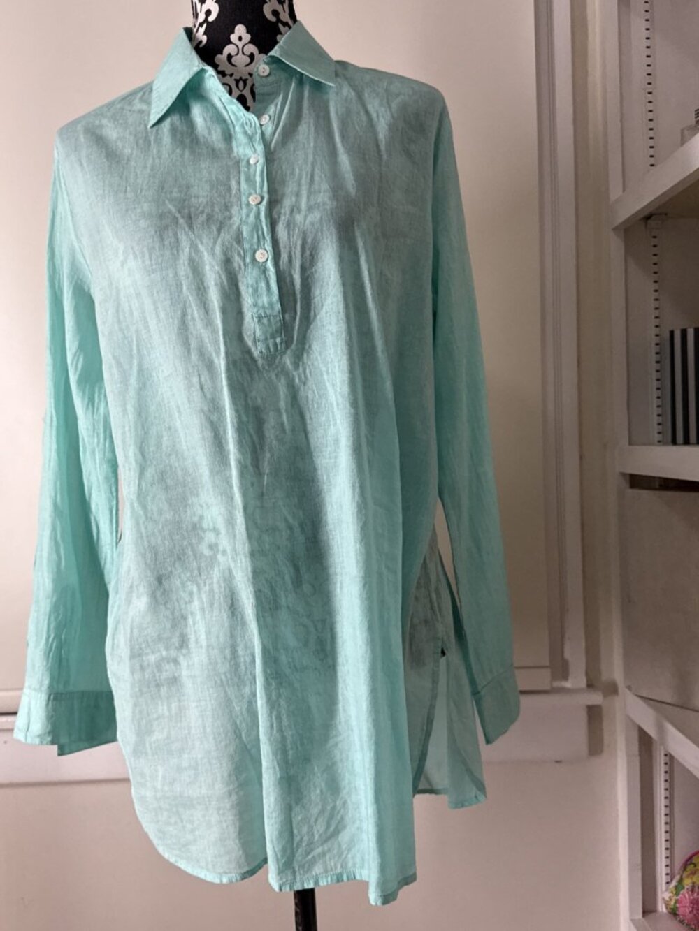 Oliphant 100% Cotton Roll Sleeve Button Blouse Size XL lightweight travel Blue